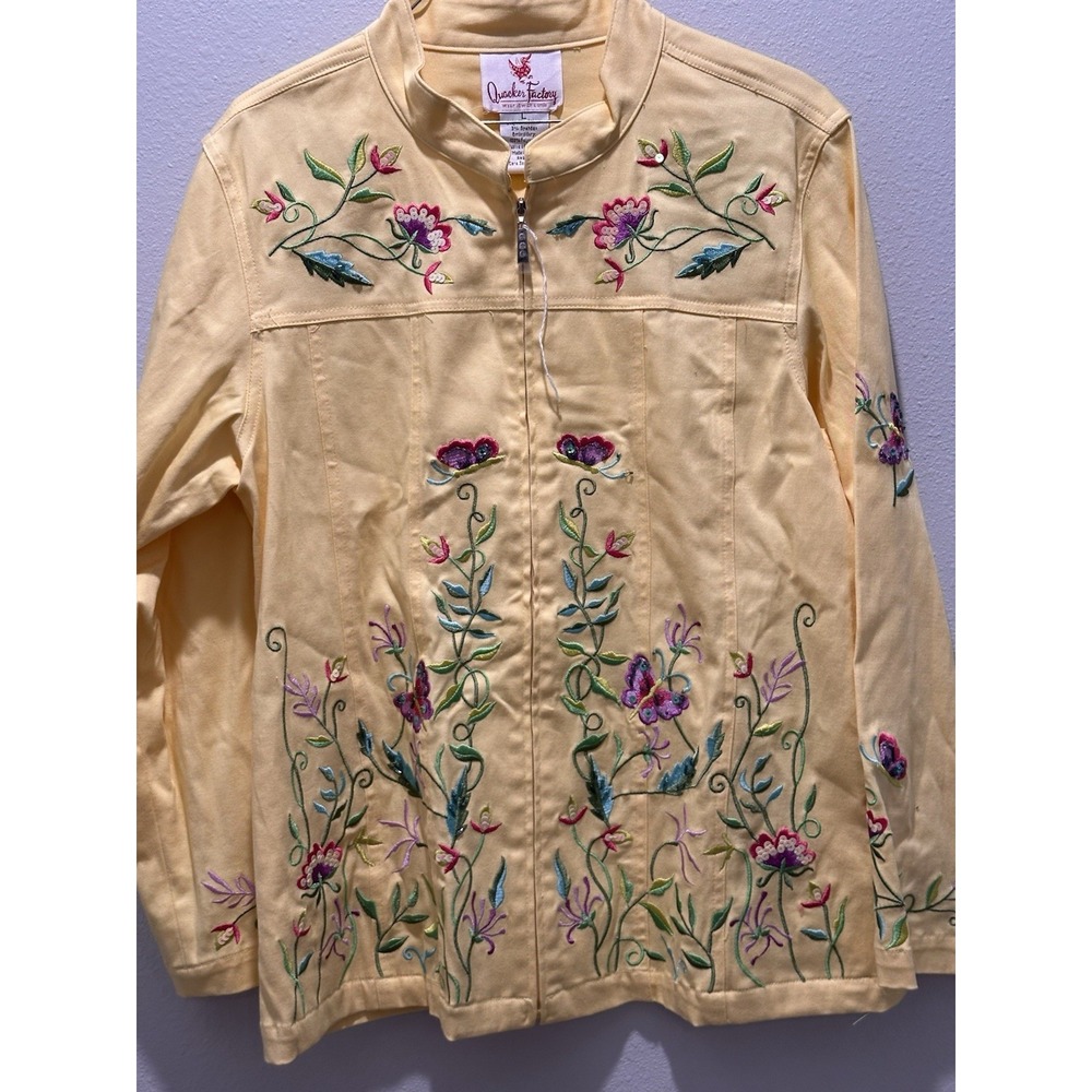 Quaker Factory Womens Yellow Embroidered‎ Zip-Up Jacket Butterfly Flowers Boho L - Picture 4 of 8